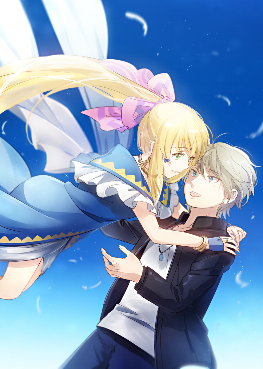 1boy 1girl :d aa_megami-sama aki_(neyuki41028) aldnoah.zero bangs belldandy belldandy_(cosplay) black_jacket blonde_hair blue_dress blue_eyes blue_pants blue_sky bow bracelet cosplay dress earrings facial_mark feathers front_slit green_eyes grey_hair hair_between_eyes hair_bow highres jacket jewelry lemrina_vers_envers long_hair long_sleeves morisato_keiichi morisato_keiichi_(cosplay) open_clothes open_jacket open_mouth pants pendant pink_bow ponytail ring shirt short_hair sky slaine_troyard smile very_long_hair white_feathers white_shirt