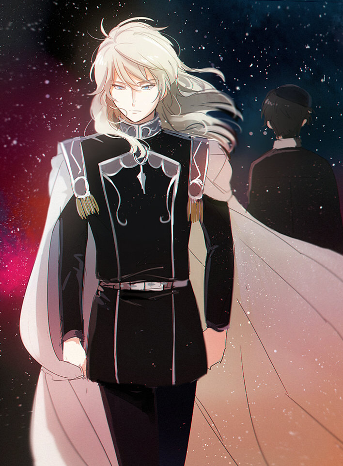 2boys aki_(neyuki41028) aldnoah.zero alternate_hair_length alternate_hairstyle bangs black_hair black_jacket black_pants blue_eyes cape cosplay floating_hair ginga_eiyuu_densetsu grey_hair hair_between_eyes jacket long_hair long_sleeves male_focus military military_uniform multiple_boys pants reinhard_von_lohengramm reinhard_von_lohengramm_(cosplay) short_hair sky slaine_troyard standing star_(sky) starry_sky uniform white_cape