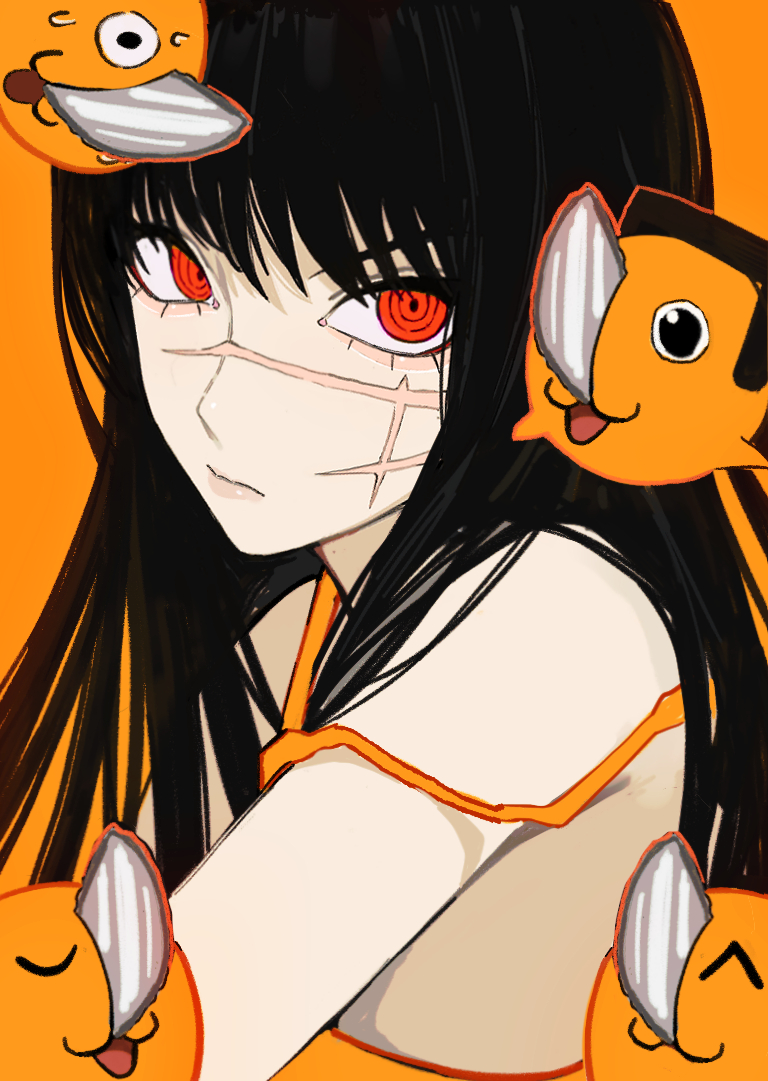 1girl 1other bangs bare_shoulders black_hair chainsaw chainsaw_man closed_eyes cross_scar long_hair looking_at_viewer nervous off_shoulder open_mouth orange_background orange_theme pochita_(chainsaw_man) red_eyes ringed_eyes sailen0 scar scar_on_cheek scar_on_face simple_background solo_focus surprised sweat tank_top yoru_(chainsaw_man)