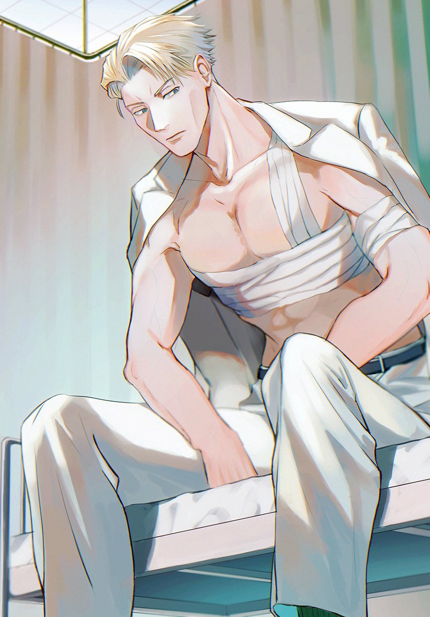 1boy bandaged_chest bed blonde_hair formal grey_pants grey_suit haine_(xo_hin) highres hospital_bed indoors jacket jacket_on_shoulders jacket_removed jujutsu_kaisen looking_at_viewer male_focus muscular muscular_male nanami_kento on_bed pants pectorals short_hair sitting solo suit