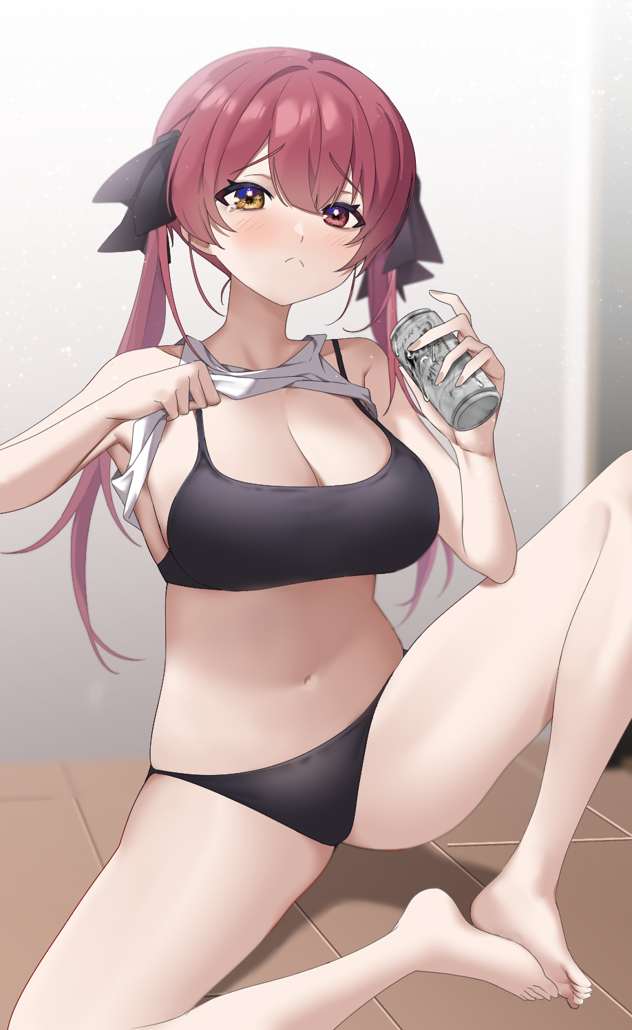 1girl 8851_(user_kpkf3322) bare_legs barefoot beer_can black_bra black_panties black_ribbon blush bra breasts can cleavage clothes_lift commentary feet frown hair_ribbon heterochromia highres holding holding_can hololive houshou_marine large_breasts legs lifted_by_self long_hair navel on_floor panties raised_eyebrows red_eyes red_hair revision ribbon shirt_lift sitting solo stomach tank_top thighs tile_floor tiles toes twintails underwear virtual_youtuber white_tank_top yellow_eyes