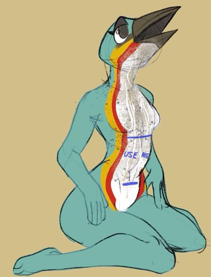 2018 animate_inanimate anthro anthrofied avian beak bird body_writing breasts colored_sketch dirty featureless_breasts female fivel full-length_portrait kneeling non-mammal_breasts nude penguin portrait sketch solo submissive submissive_female