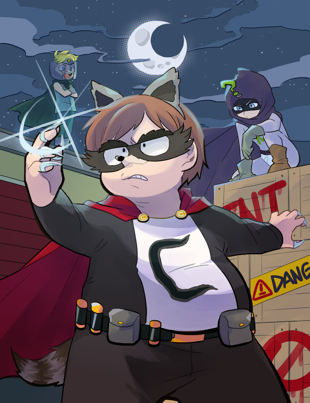 3boys blonde_hair brown_hair butters_stotch cape claws crate crescent_moon crossed_arms fat gloves green_cape green_gloves grey_gloves highres kenny_mccormick male_focus moon multiple_boys mysterion night night_sky one_knee pouch professor_chaos purple_cape red_cape sky south_park the_coon tsunoji