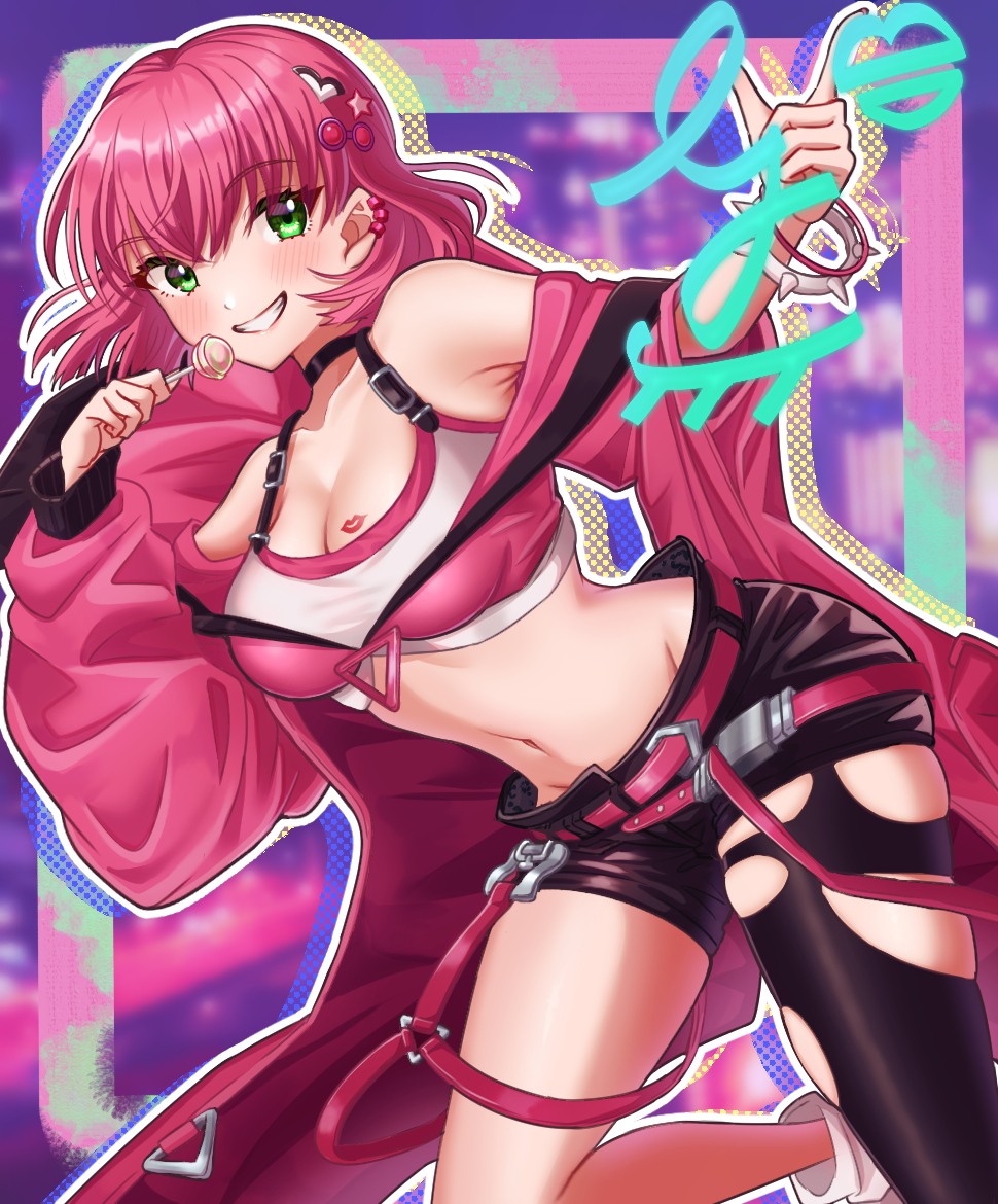 1girl armpits asymmetrical_sleeves bangs bare_shoulders belt black_choker black_shorts black_thighhighs bracelet breasts candy capelet choker chupa_chups cleavage coat collarbone commentary_request crop_top duel_monster ear_piercing evil_twin_ki-sikil food green_eyes grin groin hair_ornament hands_up holding holding_food index_finger_raised jewelry ki-sikil_(yu-gi-oh!) large_breasts lipstick_mark lollipop long_sleeves looking_at_viewer midriff navel off_shoulder official_alternate_costume official_alternate_hair_length official_alternate_hairstyle open_clothes open_coat outline partial_commentary piercing pink_belt pink_capelet pink_hair short_hair short_shorts shorts sidelocks single_thighhigh skindentation smile solo spiked_bracelet spikes standing standing_on_one_leg star_(symbol) star_hair_ornament tank_top teeth thighhighs torn_thighhighs ushiroki white_tank_top yu-gi-oh!
