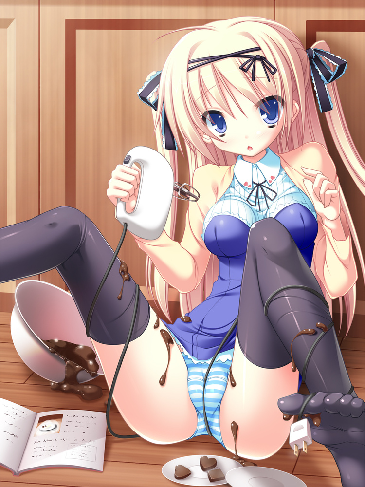 1girl blonde_hair blue_eyes blush cameltoe chocolate copyright_request feet imageboard_sample messy no_shoes ochinsama original panties ribbon solo striped striped_panties thighhighs toes twintails underwear