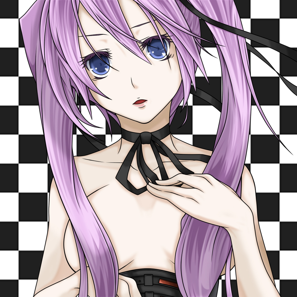 alternate_color bad_id bad_pixiv_id blue_eyes breasts checkered checkered_background choker hair_censor hair_over_breasts hand_on_own_chest hatsune_miku long_hair medium_breasts open_mouth purple_hair solo tomoesei_chuuya twintails vocaloid