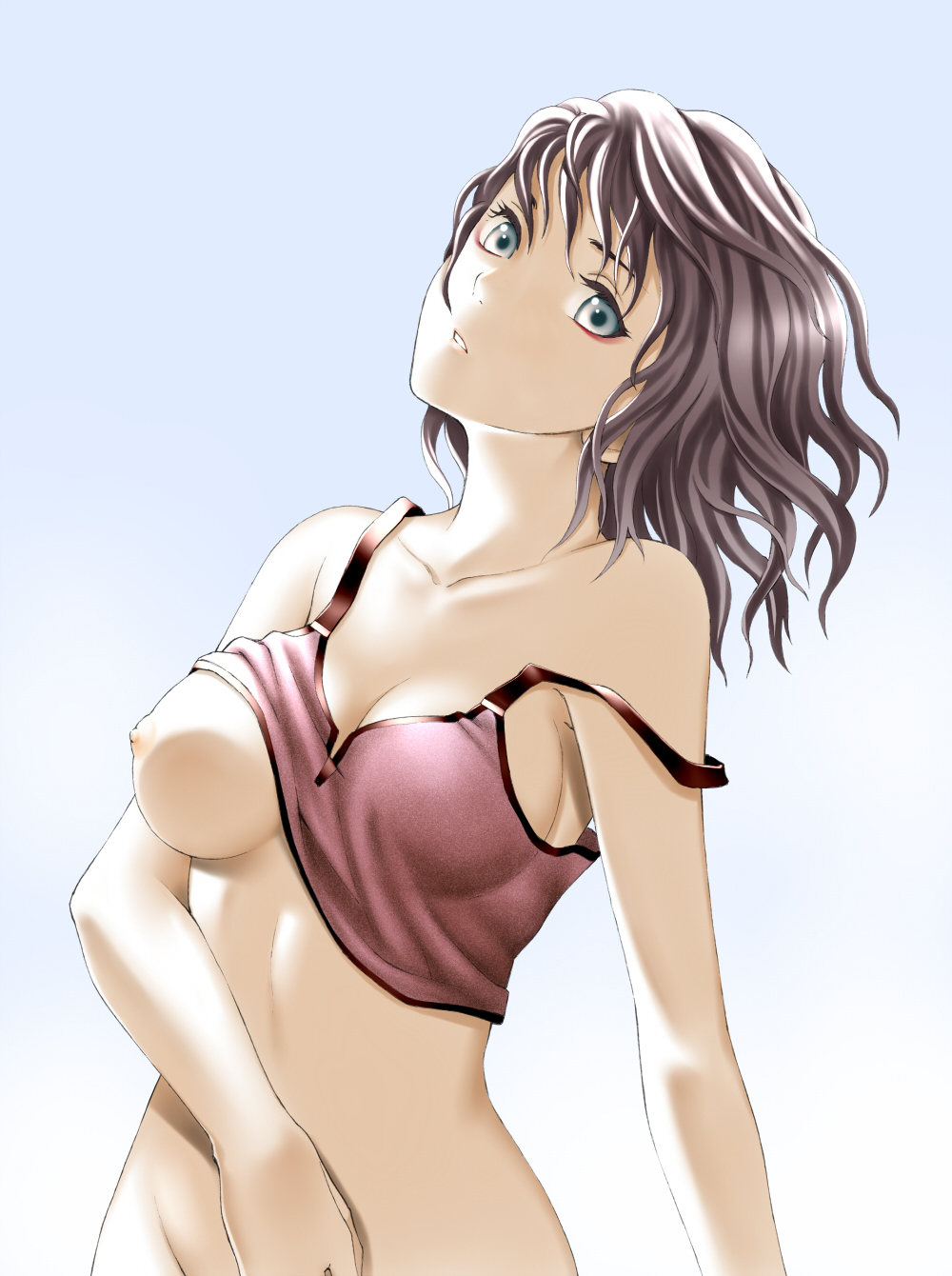bare_shoulders bottomless breast_slip breasts brown_hair eyeliner green_eyes highres large_breasts makeup navel nipples no_bra no_panties old-one one_breast_out open_mouth original shirt_lift short_hair solo strap_slip tank_top wavy_hair wind
