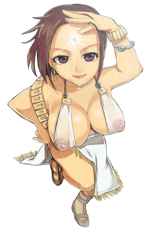 bad_id bad_pixiv_id bracelet breasts brown_eyes brown_hair cleavage covered_nipples dancer earrings facial_mark forehead forehead_mark from_above jewelry large_breasts lipstick makeup original sasagawa_satarou see-through smile solo