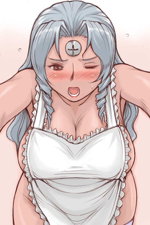 apron blush breasts brown_eyes cleavage dark_skin embarrassed huge_breasts lipstick long_hair makeup naked_apron one_eye_closed open_mouth os-tan screw sideboob silver_hair solo sweatdrop tsuda_nanafushi vista-tan vistake