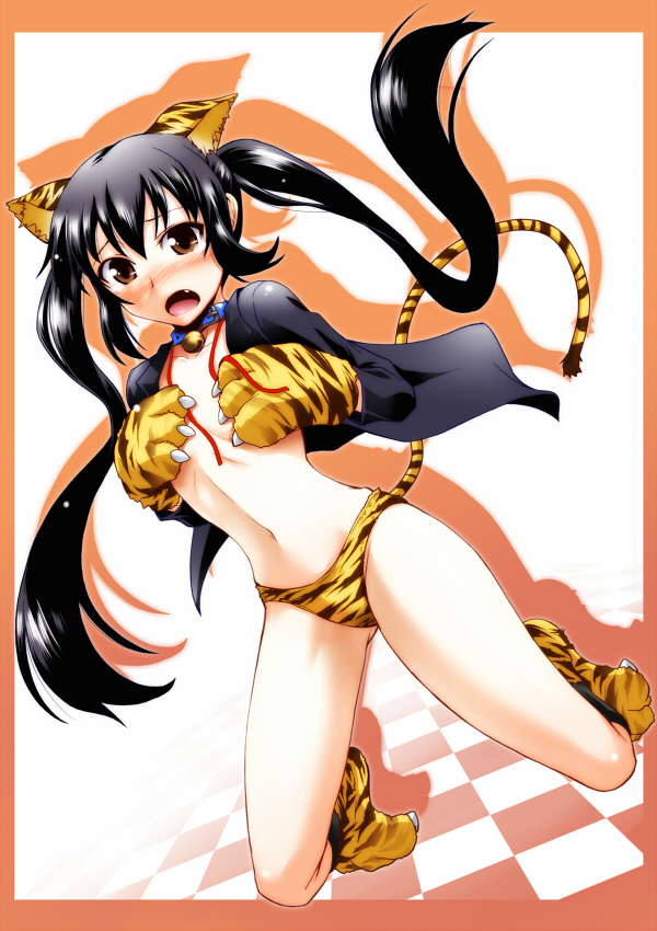 animal_ears animal_print black_hair blush covering covering_breasts fang flat_chest k-on! long_hair nakano_azusa open_mouth segami_daisuke solo tail tiger_ears tiger_print untied