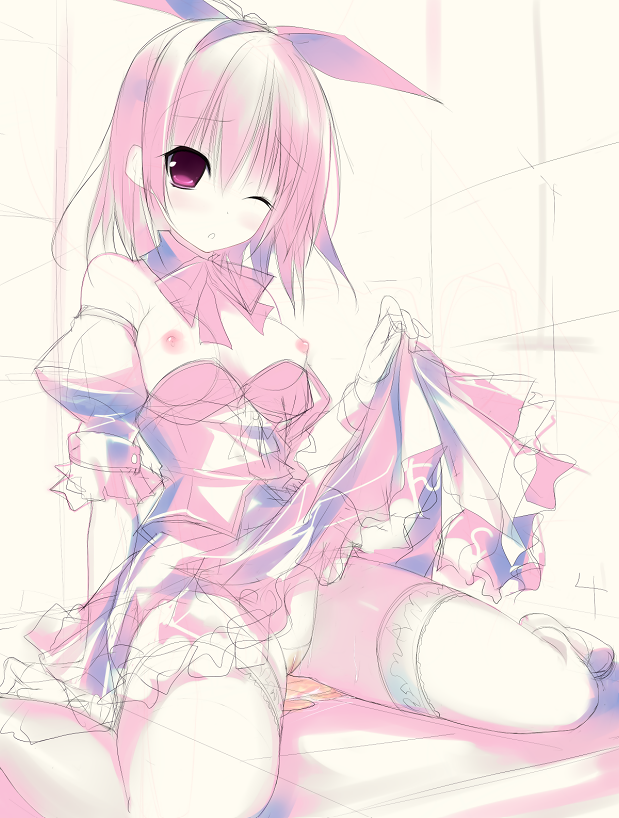 arm_support bad_id bad_pixiv_id bow breasts copyright_request dress dress_lift medium_breasts monochrome one_eye_closed panties pee peeing pink sitting sketch solo thighhighs underwear wariza wince yudesoba