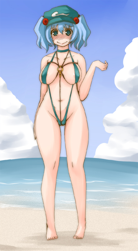 barefoot beach blue_eyes blue_hair blush breasts breasts_apart cloud day embarrassed hair_bobbles hair_ornament hat kawashiro_nitori key large_breasts ocean outdoors shinobe short_hair sky slingshot_swimsuit solo swimsuit touhou twintails two_side_up water