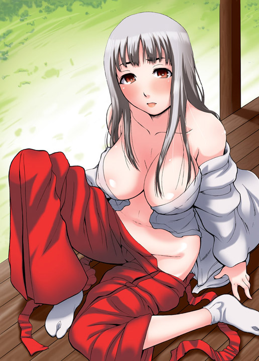 breasts cleavage fuwa_(holeman) japanese_clothes large_breasts long_hair miko original silver_hair solo