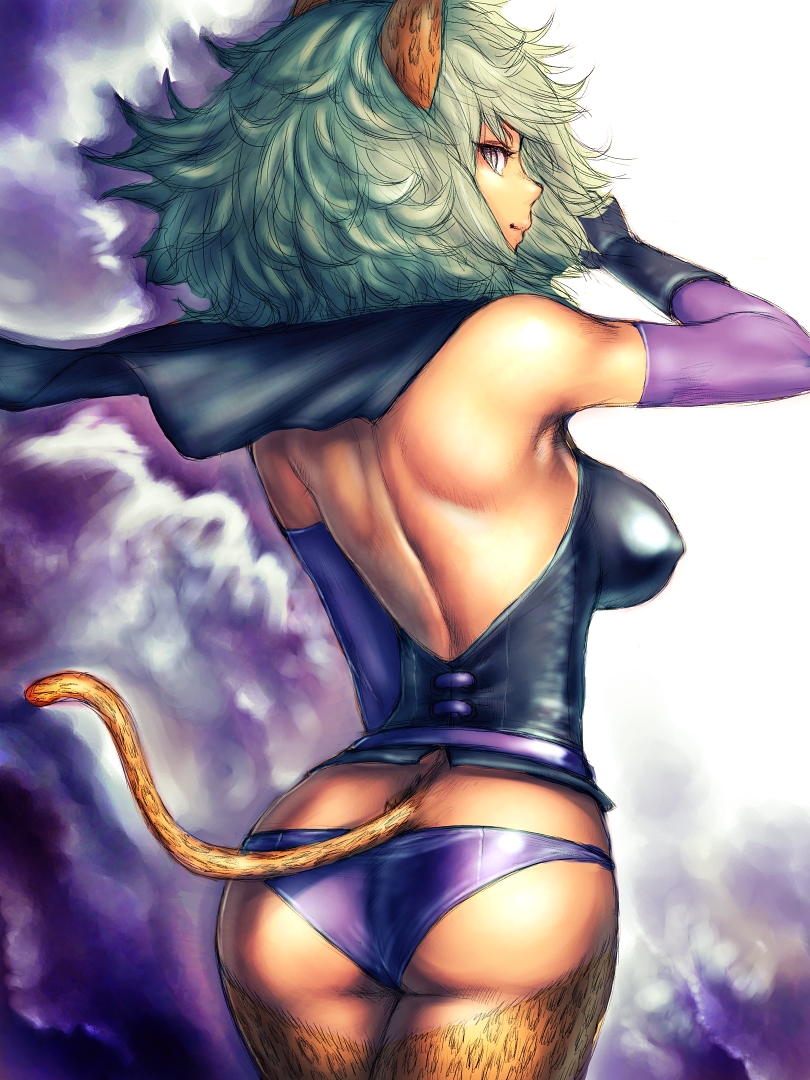 animal_ears ass back backless_outfit bare_back bare_shoulders blue_eyes copyright_request elbow_gloves fumio_(rsqkr) gloves green_hair looking_back short_hair solo tail