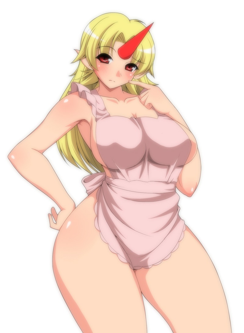 apron bad_id bad_pixiv_id blonde_hair blush breasts curvy hand_on_hip horn hoshiguma_yuugi kyokutou_hentai_samurai large_breasts long_hair naked_apron no_bra no_panties pointy_ears red_eyes sideboob solo thick_thighs thighs touhou wide_hips