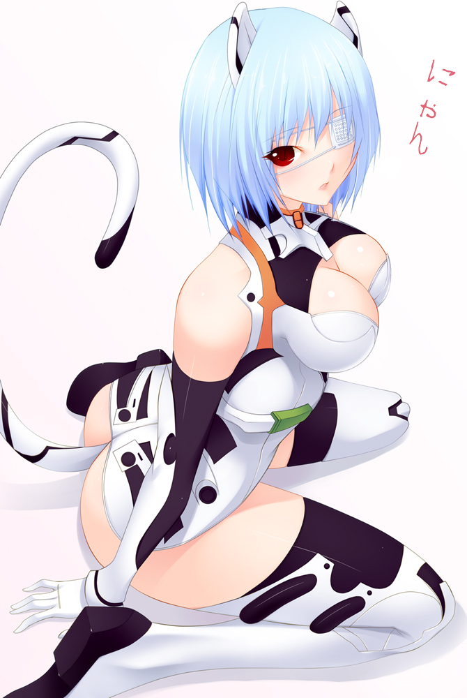 :o adapted_costume alternate_breast_size animal_ears arm_support ass ayanami_rei bad_id bad_pixiv_id bangs bare_shoulders blue_hair boots breasts cat_ears cat_tail cleavage cleavage_cutout elbow_gloves eyebrows_visible_through_hair eyepatch from_side full_body gloves halterneck impossible_clothes impossible_leotard kemonomimi_mode large_breasts leaning_forward leotard looking_at_viewer looking_back medical_eyepatch neon_genesis_evangelion parted_lips pilot_suit plugsuit red_eyes shadow shokuyou_mogura short_hair simple_background sitting solo spread_legs super_plugsuit surprised tail thigh_boots thighhighs translated turtleneck wariza white_background white_footwear white_gloves white_legwear white_leotard