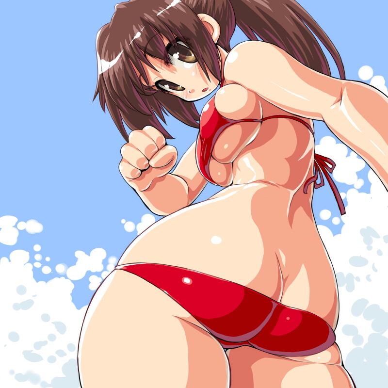 ass bikini breasts brown_hair butt_crack dd_(ijigendd) large_breasts long_hair looking_back narrow_waist original ponytail skindentation solo swimsuit underboob undersized_clothes