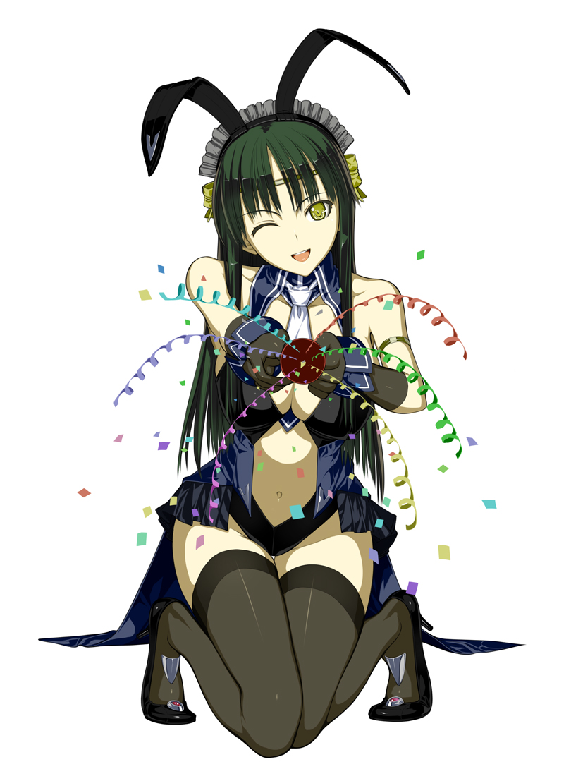 animal_ears bad_id bad_pixiv_id breasts bunny_ears cleavage green_hair kneeling medium_breasts nakabayashi_reimei navel one_eye_closed ouka_nagisa party_popper simple_background solo super_robot_wars super_robot_wars_original_generation thighhighs yellow_eyes