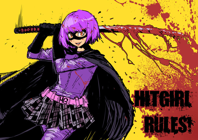 belt blood butcherboy cape english gloves hit-girl kick-ass mask purple_hair red_eyes short_hair skirt solo weapon