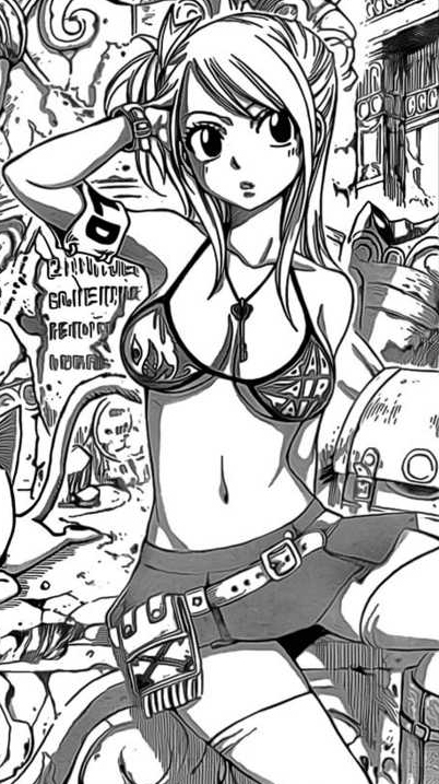 bare_shoulders bikini_top blush breasts breasts_apart cleavage fairy_tail greyscale large_breasts lucy_heartfilia mashima_hiro monochrome open_mouth skirt solo thighhighs
