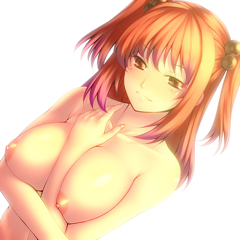 between_breasts breast_squeeze breasts hair_bobbles hair_ornament huge_breasts nipples nude onozuka_komachi red_hair smile solo touhou tro