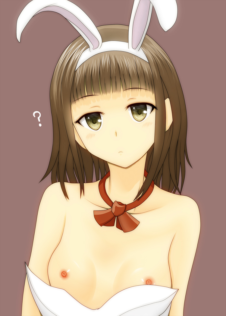 animal_ears breasts brown_hair bunny_ears bunny_girl bunnysuit jewelry necklace nipples shitou_(4h) short_hair small_breasts solo takitsubo_rikou to_aru_majutsu_no_index