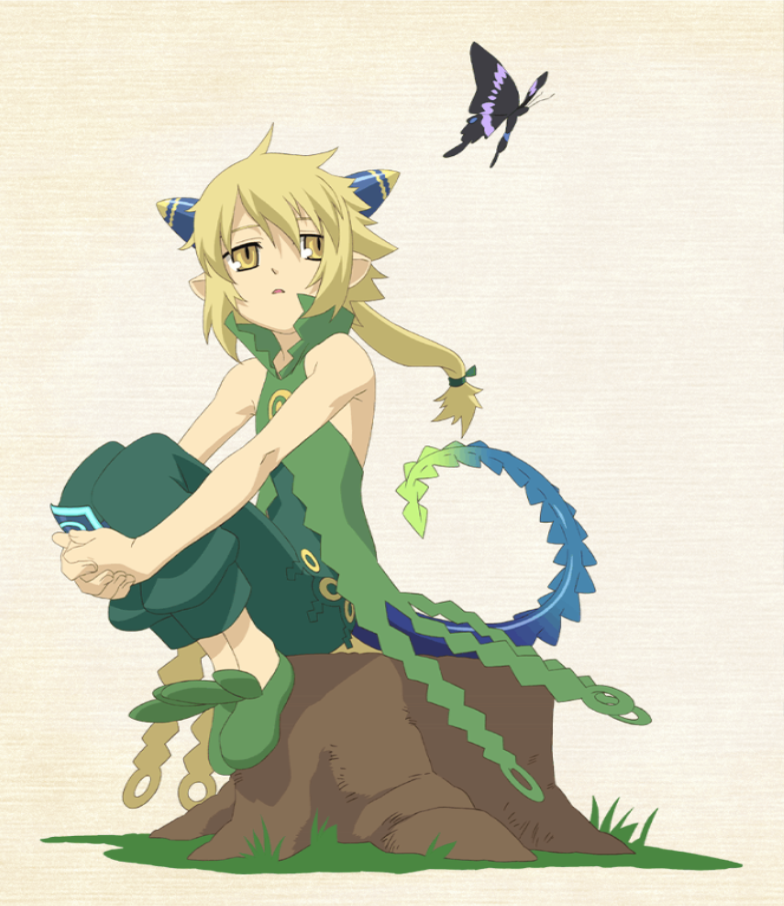 artist_request baggy_pants bangs bare_shoulders blonde_hair bug butterfly coral_(summon_night) demon_girl dress flat_chest full_body gradient hair_between_eyes hair_ribbon hands_clasped high_collar horns insect leg_hug long_hair low-tied_long_hair nature open_mouth outdoors own_hands_together pants pointy_ears ponytail ribbon shoes simple_background sitting sitting_on_tree_stump summon_night summon_night_4 tail tree_stump yellow_eyes