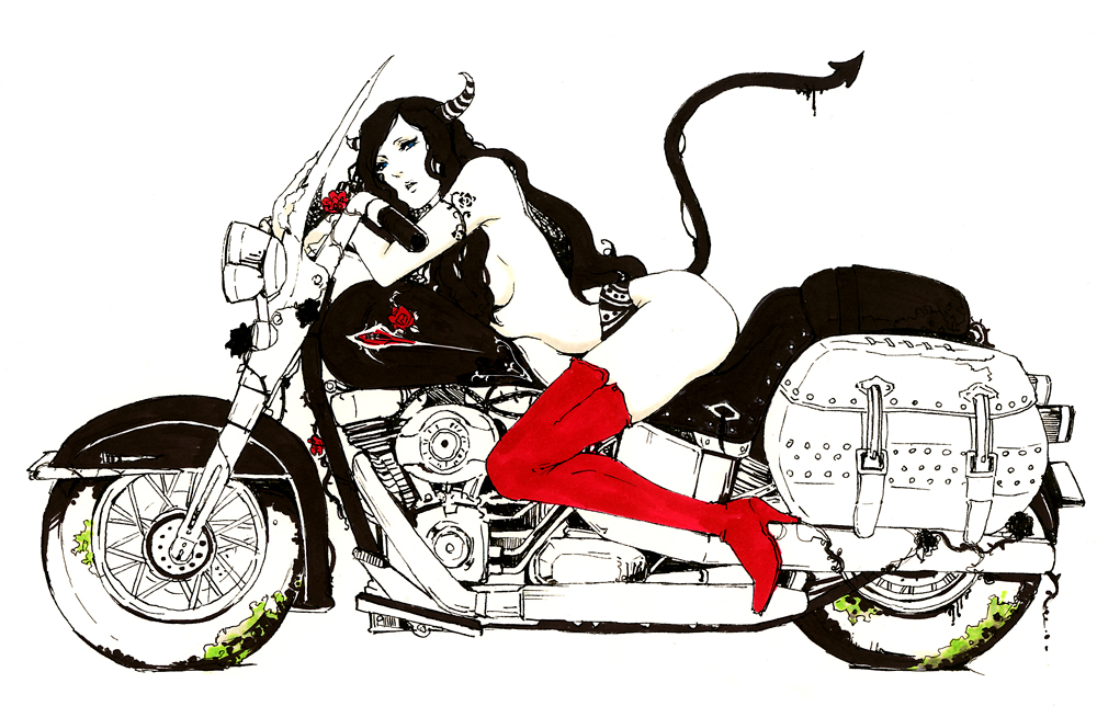 black_hair boots breasts flower ground_vehicle horns large_breasts long_hair motor_vehicle motorcycle null_(chronix) original rose sideboob solo tail thigh_boots thighhighs topless