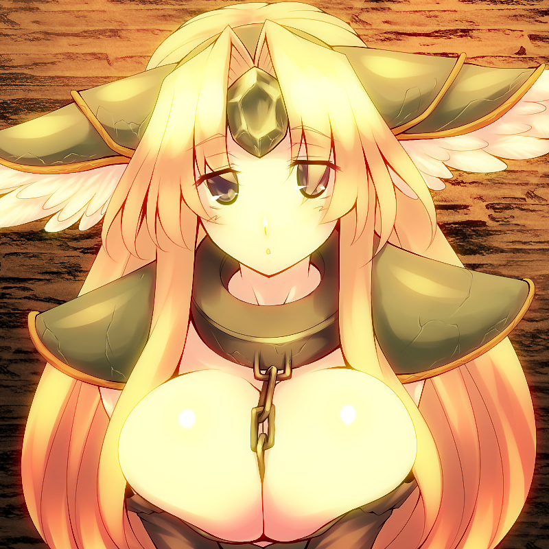 between_breasts blonde_hair breast_squeeze breasts bursting_breasts chain cleavage collar headdress large_breasts long_hair pauldrons riesz seiken_densetsu seiken_densetsu_3 solo tro