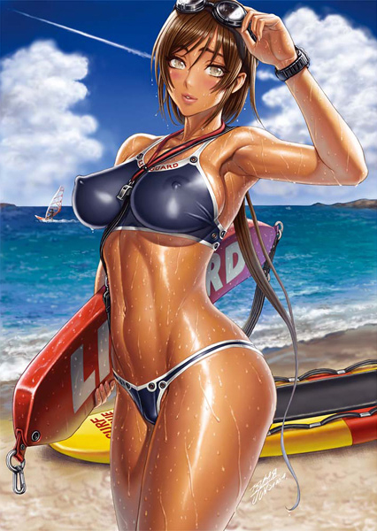 abs armpits bare_shoulders beach bikini breasts brown_hair cloud copyright_request covered_nipples dark_skin day goggles large_breasts lifeguard long_hair outdoors shiny shiny_clothes shiny_skin skin_tight sky solo swimsuit tan tsukasa_jun wet yellow_eyes