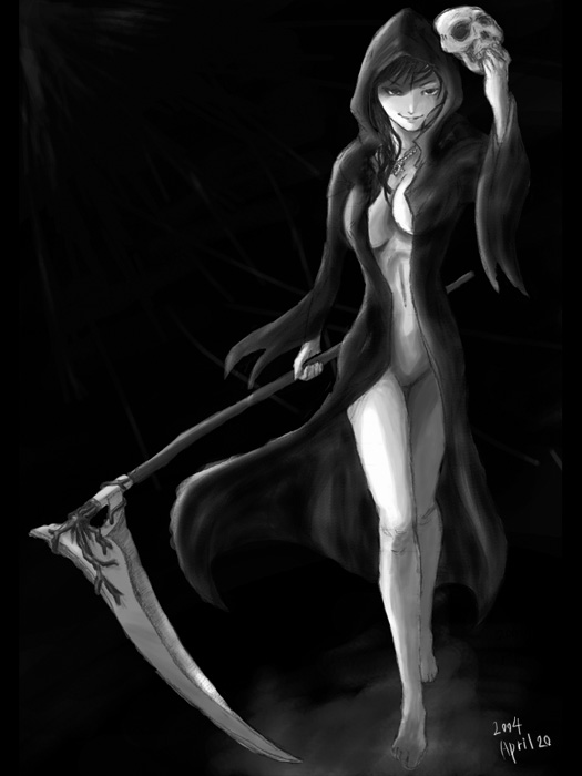 bad_id bad_pixiv_id barefoot breasts cleavage cloak death_(entity) greyscale grim_reaper grin honoji hood jewelry large_breasts mask monochrome navel necklace no_panties no_pussy nude original personification scythe skull smile solo