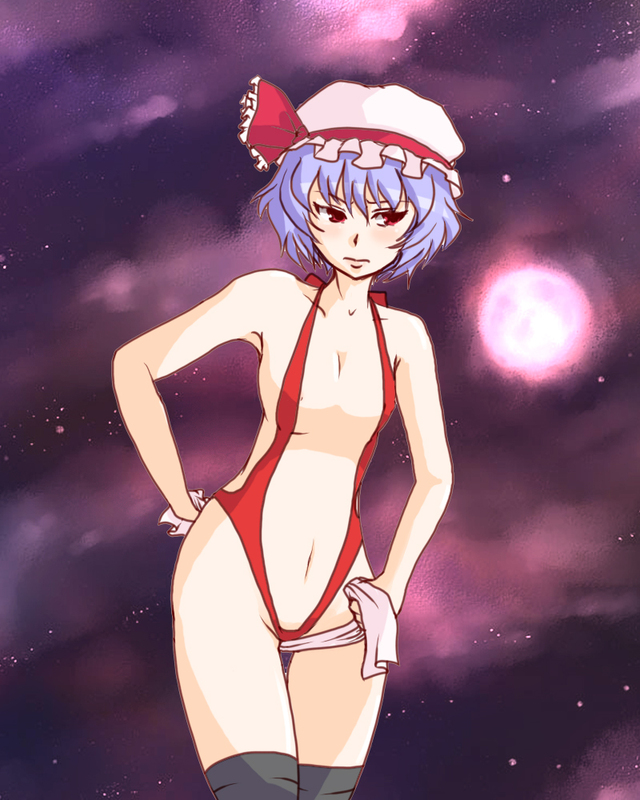 bad_id bad_pixiv_id blue_hair cloth red_eyes remilia_scarlet short_hair slingshot_swimsuit solo swimsuit thighhighs touhou yomogi_opa