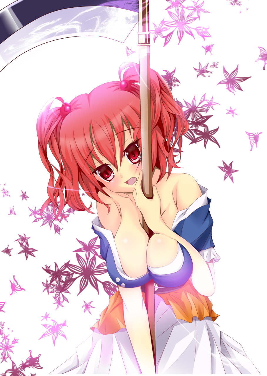 bad_id bad_pixiv_id bare_shoulders between_breasts bow breasts hair_bow highres huge_breasts meropan onozuka_komachi red_hair scythe short_hair solo touhou two_side_up weapon