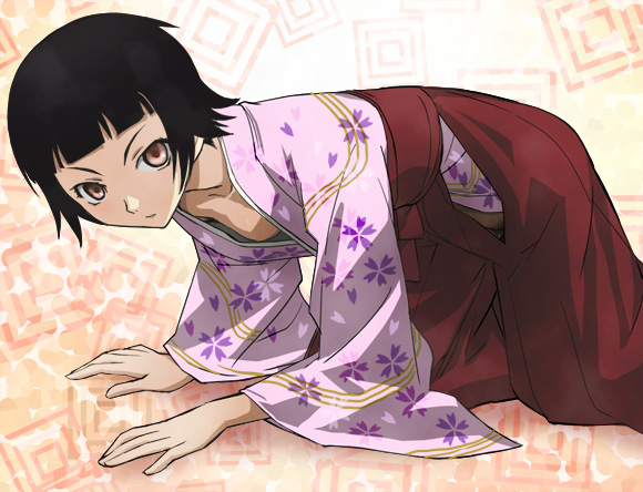 black_hair breasts brown_eyes downblouse hakama haruyama_kazunori japanese_clothes meiji_schoolgirl_uniform nipple_slip nipples no_panties red_hakama sayonara_zetsubou_sensei short_hair small_breasts solo tsunetsuki_matoi