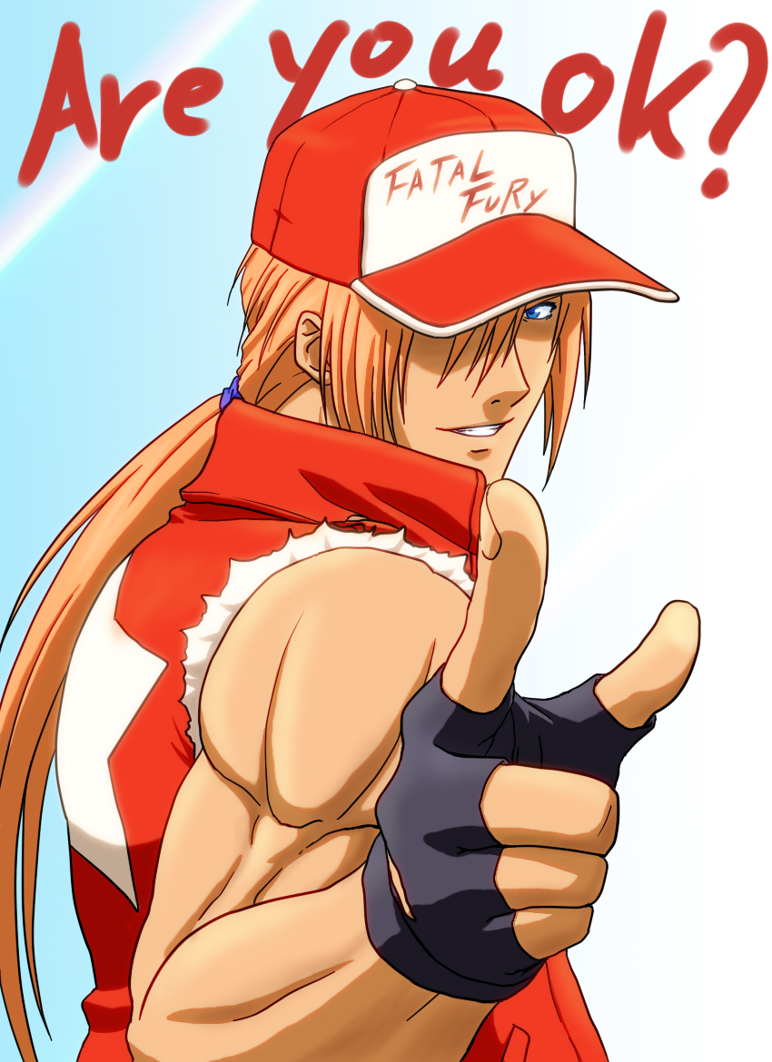 akimaru blonde_hair english fatal_fury hat male_focus pointing ponytail solo terry_bogard the_king_of_fighters