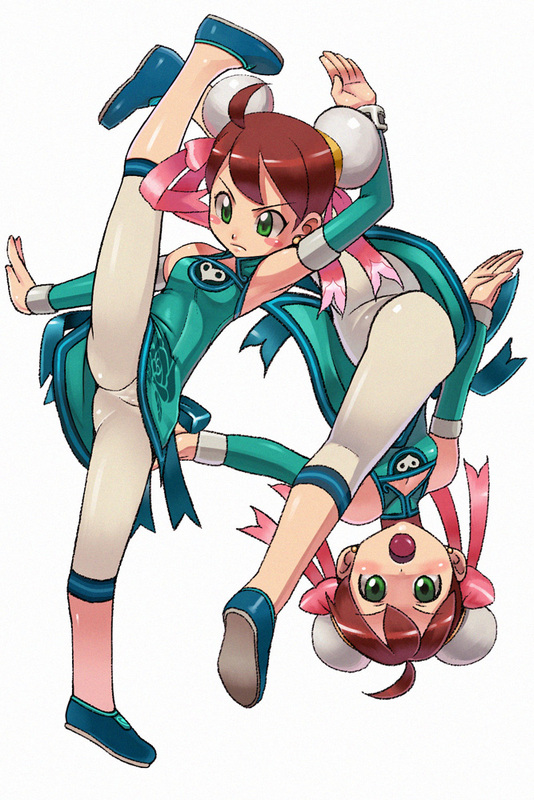 ahoge arms_up bad_id bad_pixiv_id blue_footwear blush brown_hair cameltoe detached_sleeves double_bun flexible green_eyes leggings looking_at_viewer multiple_girls open_mouth ryunryun saru_getchu sayaka_(saru_getchu) serious simple_background spread_legs upside-down v-shaped_eyebrows white_background