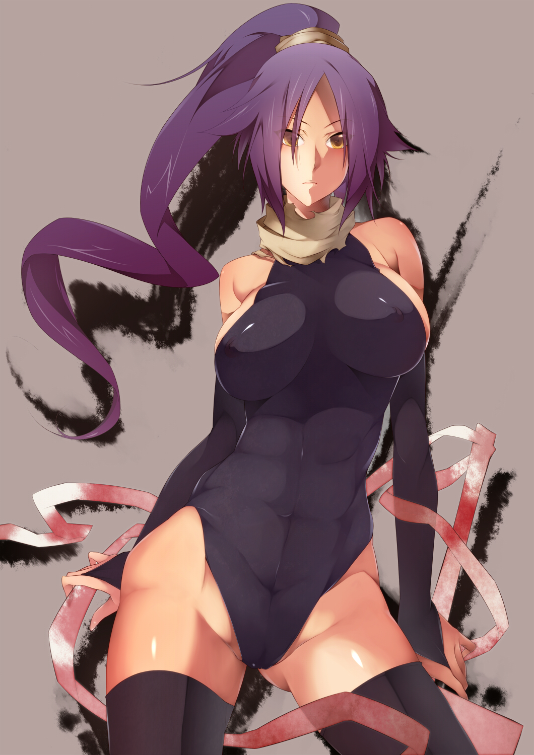 abs bad_id bad_pixiv_id bandages bare_shoulders black_legwear bleach breasts cameltoe covered_nipples elbow_gloves gloves gradient_hair highres large_breasts leotard lips long_hair looking_at_viewer lowleg multicolored_hair muscle nanao_(mahaya) no_bra ponytail purple_hair shihouin_yoruichi skin_tight solo thighhighs yellow_eyes