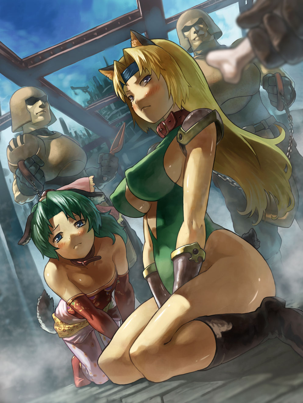 all_fours animal_ears armor auction bad_id bad_pixiv_id bare_shoulders bent_over between_legs blue_eyes blush bone boots bow breasts celes_chere chain collar day dog_ears elbow_gloves final_fantasy final_fantasy_vi gloves green_hair green_leotard hair_bow headband highres kneeling large_breasts leash leotard long_hair multiple_girls seiza shoulder_pads sideboob sitting sky slave soldier tail takeda_kanryuusai tina_branford