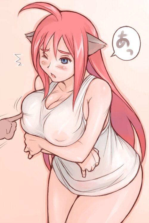 ahoge animal_ears blue_eyes blush bottomless breast_hold breast_poke breasts cleavage copyright_request large_breasts long_hair one_eye_closed pink_hair poking see-through solo_focus tank_top tsuda_nanafushi very_long_hair