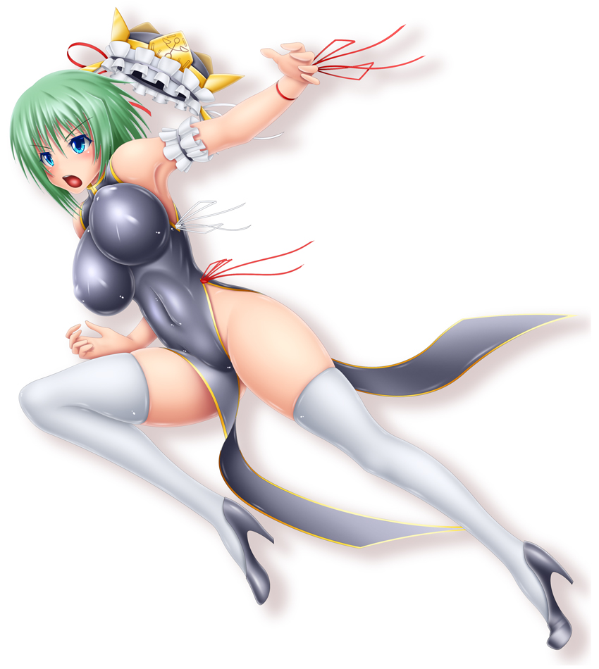 armpits bare_shoulders blue_eyes breasts china_dress chinese_clothes cleavage covered_nipples curvy dress green_hair groin harumi_(harumix) hat high_heels huge_breasts impossible_clothes impossible_dress long_legs shiki_eiki shirt shoes short_hair skin_tight solo thick_thighs thighhighs thighs touhou white_legwear wide_hips