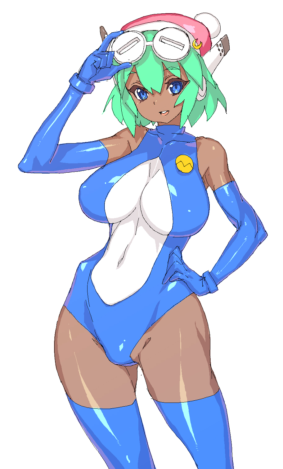 :d adjusting_goggles android bad_id bad_pixiv_id bangs bare_shoulders blue_eyes blue_gloves blue_legwear blue_leotard bracer breasts copyright_request covered_navel cowboy_shot crescent dark_skin elbow_gloves gloves goggles goggles_on_head green_hair groin hair_between_eyes halterneck hand_on_hip hat highres hip_bones hips impossible_clothes impossible_leotard large_breasts leotard looking_at_viewer oekaki open_mouth robot_ears santa_hat short_hair simple_background skin_tight smile solo thighhighs turtleneck vrkdh white_background white_leotard wide_hips