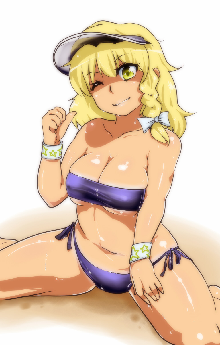 bad_id bad_pixiv_id bandeau bikini bikini_tan blonde_hair braid highres hyudora kirisame_marisa one_eye_closed plump short_hair skindentation solo strapless swimsuit tan tanline touhou tubetop wristband yellow_eyes