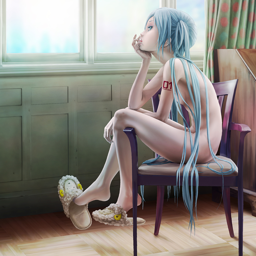 animal_slippers arm_support barefoot blue_eyes blue_hair chair chin_rest feet finger_in_mouth finger_to_mouth flat_chest hands hatsune_miku legs long_hair long_legs nude pi_(pppppchang) profile realistic shoe_dangle sitting sitting_sideways slender slippers slouching solo tattoo tongue twintails very_long_hair vocaloid window