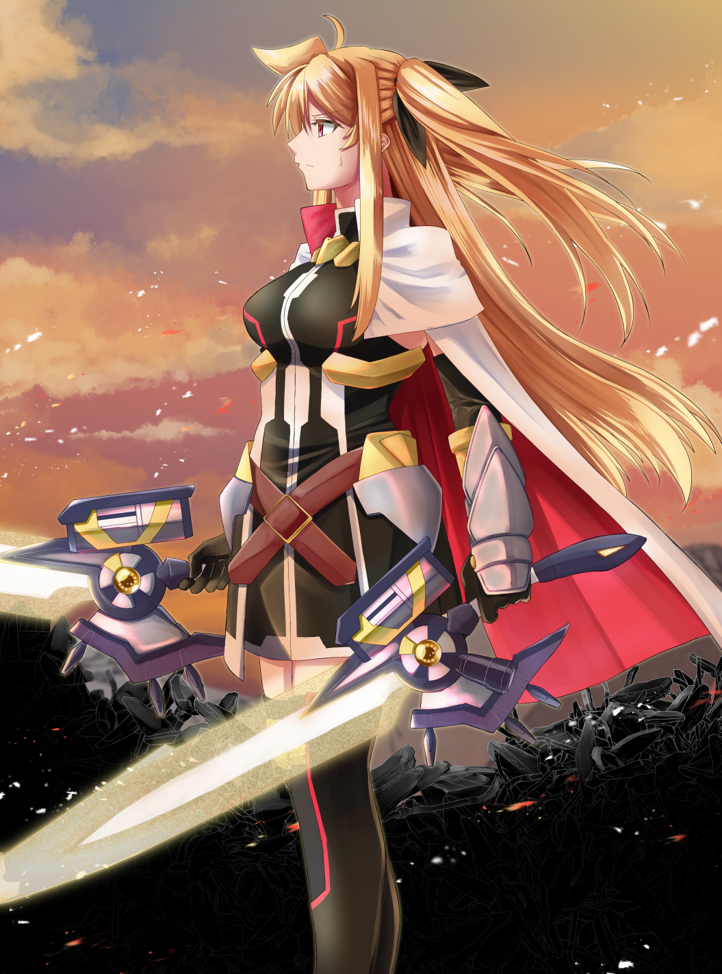 1girl armor bardiche black_bow black_gloves black_thighhighs blonde_hair bow breasts cape cloud commentary_request duplicate fate_testarossa from_side gloves hair_bow highres long_hair lyrical_nanoha mahou_shoujo_lyrical_nanoha_reflection mahou_shoujo_lyrical_nanoha_strikers medium_breasts multicolored_cape multicolored_clothes pixel-perfect_duplicate red_cape red_eyes sky solo sougetsu_izuki sweat thighhighs thighs white_cape wreckage zettai_ryouiki