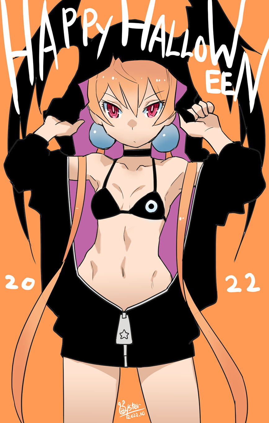 1girl adjusting_hood alisa_southerncross artist_name bangs bikini black_bikini black_choker breasts choker closed_mouth commentary_request cowboy_shot dated english_text frown halloween halloween_costume happy_halloween highres hood hood_up keroro_gunsou long_hair long_hoodie long_sleeves looking_at_viewer navel orange_background orange_hair oyster_(artist) partial_commentary partially_unzipped red_eyes signature simple_background small_breasts solo standing star_ornament swimsuit twintails very_long_hair zipper
