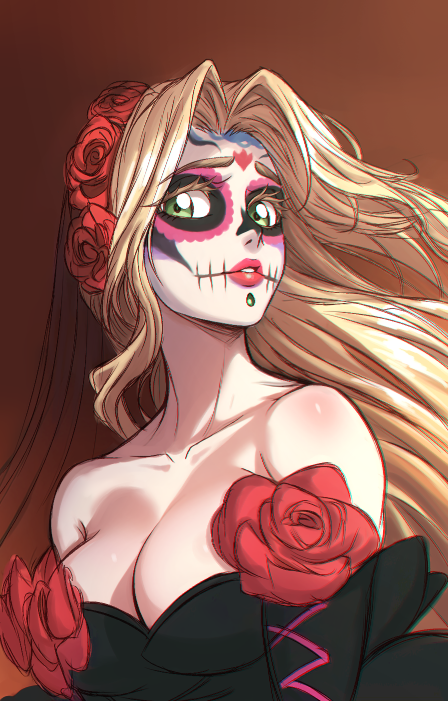 black_dress black_sleeves blonde_hair breasts brown_background calavera chin_piercing cleavage detached_sleeves dia_de_muertos dress english_commentary eyelashes facepaint fate/grand_order fate_(series) flower green_eyes hair_flower hair_ornament highres large_breasts long_hair looking_at_viewer mexican_dress quetzalcoatl_(fate) red_flower red_rose rose upper_body zantyarz