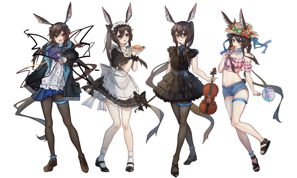 1girl :d absurdly_long_hair alternate_costume ambience_synesthesia amiya_(arknights) animal_ears anklet apron arknights arm_up ascot bikini black_dress black_footwear black_jacket black_pantyhose black_wrist_cuffs blue_ascot blue_eyes blue_shorts blue_skirt bow_(music) brown_hair dexien dress enmaided glowing glowing_eye hand_fan holding holding_bow_(music) holding_fan holding_ice_cream holding_instrument instrument jacket jewelry long_hair looking_at_viewer maid maid_apron maid_headdress midriff multiple_rings multiple_views navel off-shoulder_bikini off_shoulder open_clothes open_jacket open_mouth pantyhose plaid plaid_bikini plaid_skirt rabbit_ears rabbit_girl rabbit_tail ring shirt shoes short_shorts shorts simple_background skirt smile socks standing swimsuit tail teeth thighlet upper_teeth v-shaped_eyebrows very_long_hair violin white_apron white_background white_shirt white_socks wrist_cuffs