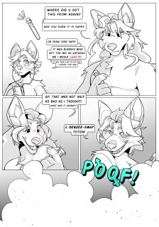 anthro brownh0und canid canine canis comic coyote dialogue dialogue_box duo female gender_transformation low_res male male/female mammal monochrome potion transformation wolf