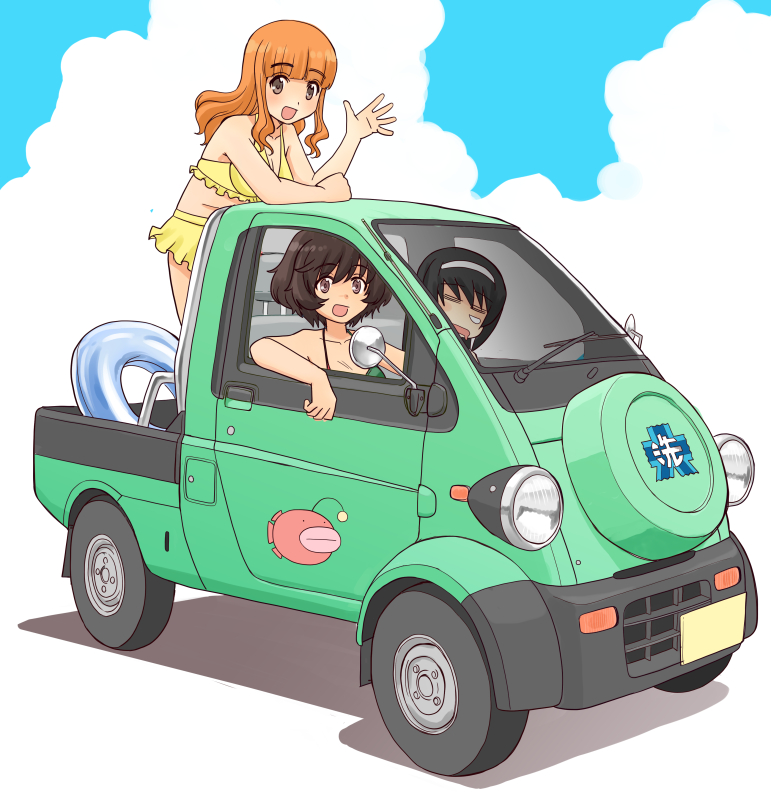 3girls :d akiyama_yukari anglerfish bangs bikini black_hair blunt_bangs brown_eyes brown_hair car daihatsu daihatsu_midget emblem girls_und_panzer ground_vehicle hairband long_hair looking_at_viewer messy_hair motor_vehicle multiple_girls ooarai_(emblem) orange_hair reizei_mako short_hair sleeping smile swimsuit takebe_saori uona_telepin white_hairband yellow_bikini