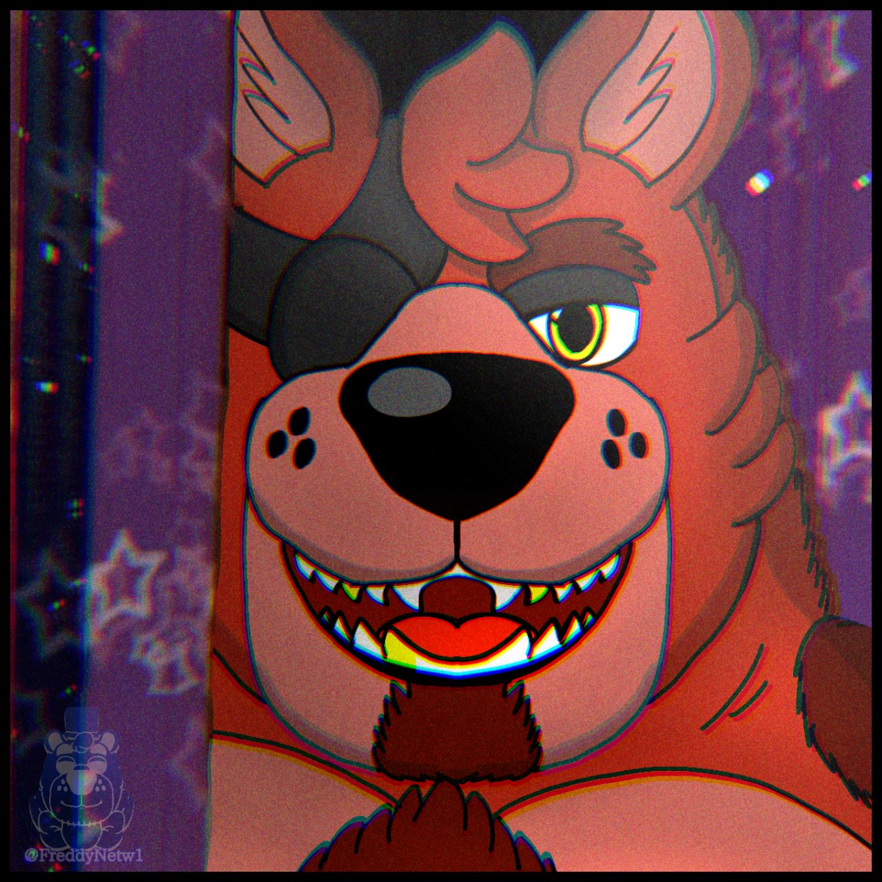 anthro beard black_nose canid canine canis curtains curtains_open eye_patch eyewear facial_hair five_nights_at_freddy's fox foxy_(fnaf) freddynetwgay fur gold_(metal) gold_tooth hair hi_res male mammal red_beard red_body red_fur red_hair scottgames smile solo video_games yellow_eyes